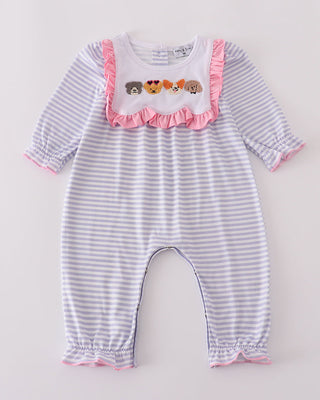 Striped baby romper with pink trim and cartoon character design on a light gray background