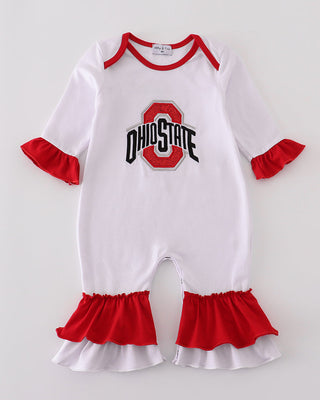 White baby romper with red ruffles and Ohio State logo on a white background
