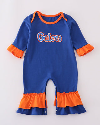 Blue and orange baby romper with 'Gators' text on a white background