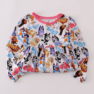 Children's long-sleeve dress with cartoon character print on a white background