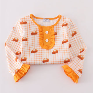 Children's long-sleeve shirt with checkered pattern and orange accents on a light gray background
