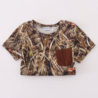 Camouflage-patterned boys top with a brown pocket on a white background