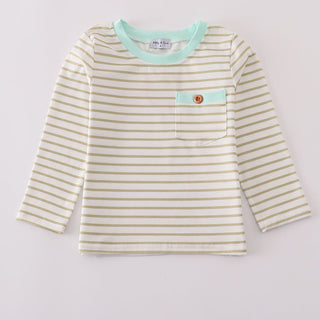 Striped long-sleeve shirt with a small design on a light gray background