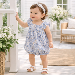 Baby in a floral bubble standing on a porch with flowers and furniture in the background