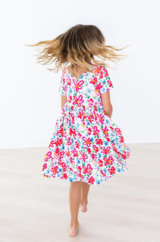 Neon Floral Short Sleeve Pocket Twirl Dress