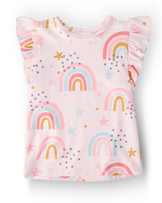 Pink t-shirt with rainbow and star patterns on a white background