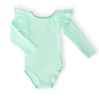 Mint green leotard with ruffled long sleeves on a white background