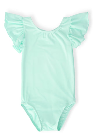 Mint green leotard with ruffled sleeves on a white background
