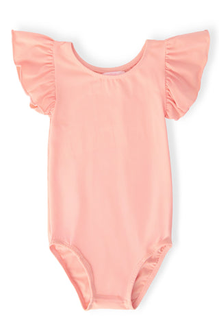 Pink leotard with ruffled sleeves on a white background