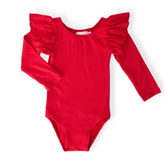 Red leotard with ruffled long sleeves on a white background