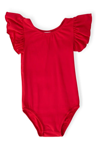 Red leotard with ruffled sleeves on a white background
