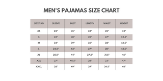 Men's pajamas size chart on a white background