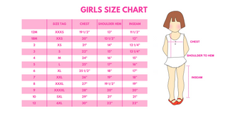Girls size chart with measurements on a pink background