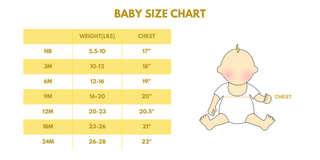Baby size chart with weight and chest measurements in pounds and inches, featuring a baby illustration.