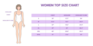 Woman's top size chart with measurements on a white background