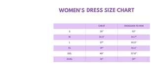 Women's dress size chart with measurements on a purple background