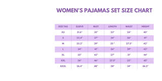 Women's pajamas set size chart with measurements on a white background