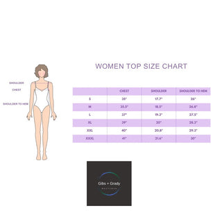 Women's top size chart with a figure illustration and measurement details on a white background.