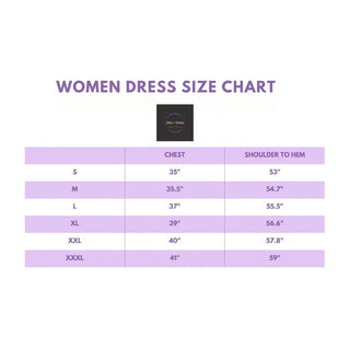 Women's dress size chart with chest and shoulder to hem measurements on a white background.