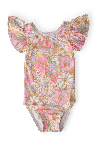 Floral-patterned swimsuit with ruffled sleeves on a white background