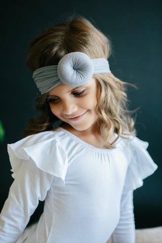 White Long Sleeve Flutter Sleeve Leotard