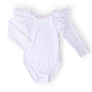 White leotard with ruffled sleeves on a white background