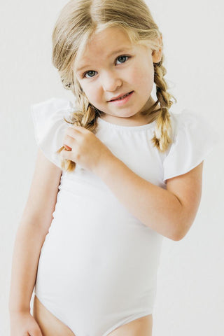 White Short Sleeve Flutter Sleeve Leotard