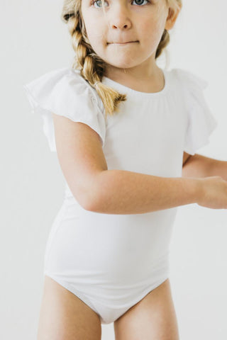 White Short Sleeve Flutter Sleeve Leotard