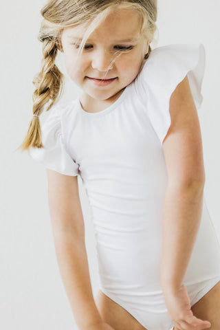 White Short Sleeve Flutter Sleeve Leotard