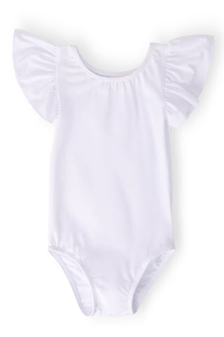 White leotard with ruffled shoulders on a white background