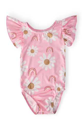 Pink leotard with floral and rainbow patterns on a white background