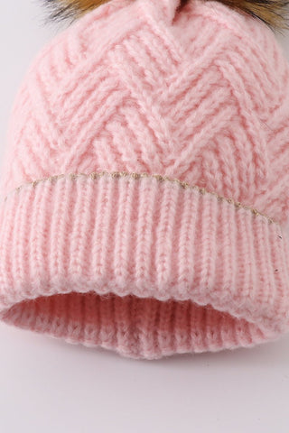 Cross Cable Knit Pom Pom Beanie - Pink - Gibs+Grady