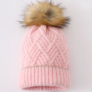 Cross Cable Knit Pom Pom Beanie - Pink - Gibs+Grady