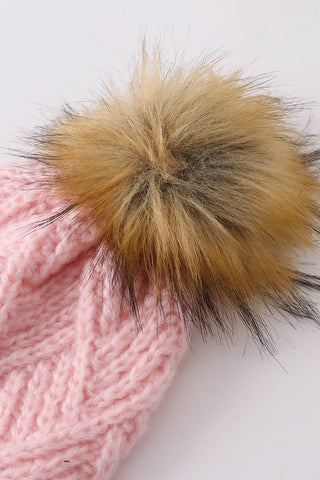 Cross Cable Knit Pom Pom Beanie - Pink - Gibs+Grady