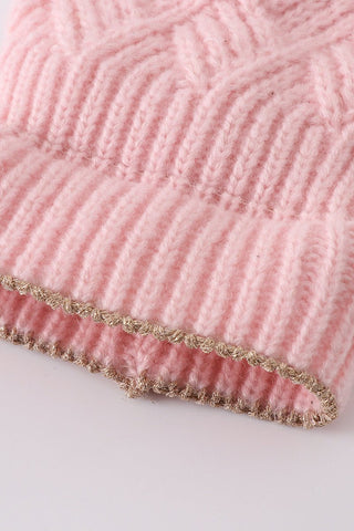 Cross Cable Knit Pom Pom Beanie - Pink - Gibs+Grady